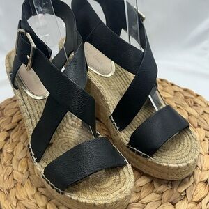 Kennith Cole New York Jute And Black Leather Strap Wedged Summer Sandals